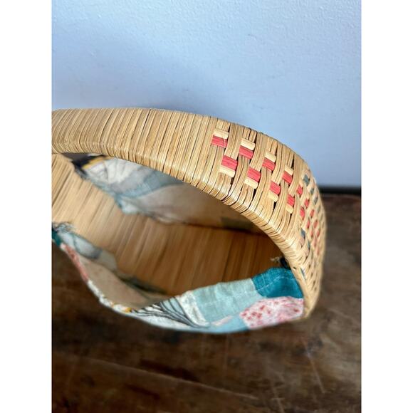 Vintage Rattan and Barkcloth Top Handle Purse | 70's Purse Handbag - Picture 8 of 9